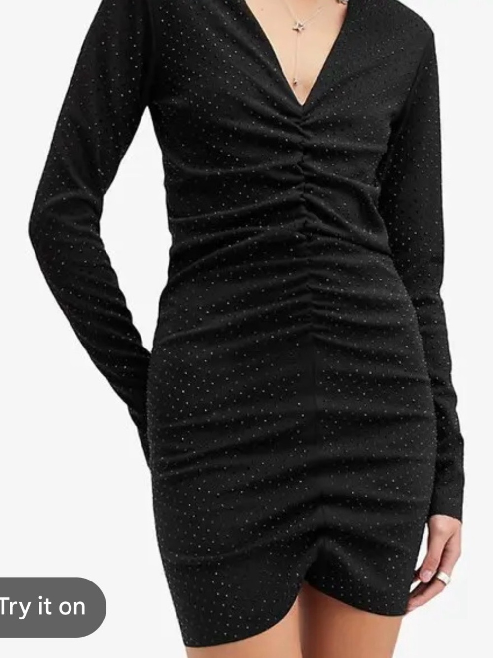 All Saints Black Long Sleeve Twist Ruched Dress with Subtle Sparkle